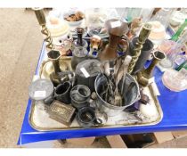 TRAY CONTAINING MIXED SILVER PLATED FLATWARES, PAIR OF BRASS TWISTED COLUMN CANDLESTICKS, PEWTER