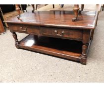 GOOD QUALITY MODERN OAK COFFEE TABLE OF RECTANGULAR FORM WITH FOUR DRAWERS WITH OPEN SHELF AND BRASS