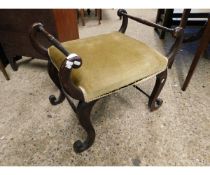 19TH CENTURY MAHOGANY STOOL WITH RAIL SIDES AND SHAPED SCROLLING SUPPORTS AND LEGS WITH YELLOW