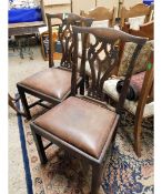 SET OF SIX GEORGIAN SPLAT BACK DINING CHAIRS WITH BROWN LEATHER DROP IN SEATS