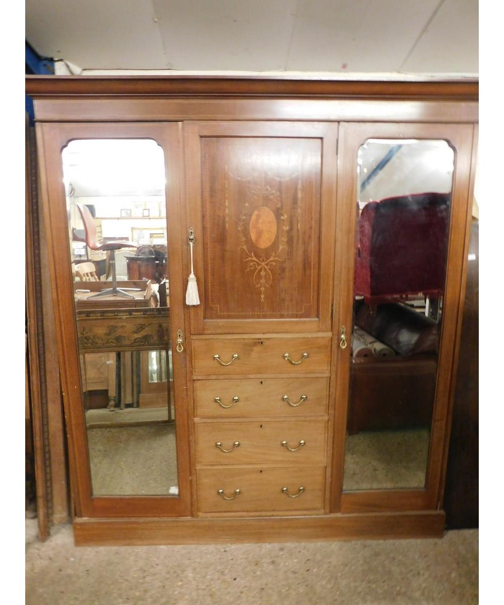 EDWARDIAN MAHOGANY AND INLAID COMPENDIUM WARDROBE, CENTRALLY FITTED WITH CUPBOARD DOOR OVER FOUR