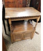 OAK FRAMED SIDE TABLE WITH OPEN SHELF WITH TWO CUPBOARD DOORS ON BARLEY TWIST SUPPORTS