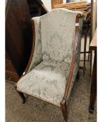 EDWARDIAN MAHOGANY AND SATINWOOD INLAID NURSING CHAIR WITH GREEN FLORAL UPHOLSTERED SEAT AND BACK