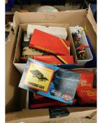 BOX OF MIXED TRIANG HORNBY 00 AND PLAY WORN DIE-CAST TOYS (QTY)