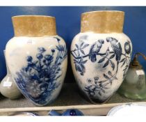 PAIR OF VICTORIAN BLUE PRINTED VASES WITH GILDED RIMS