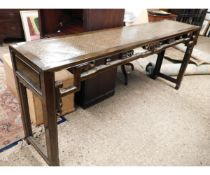 ORIENTAL HARDWOOD LARGE SIDE TABLE OF RECTANGULAR FORM, THE FRETWORK TYPE FRIEZE DECORATED WITH