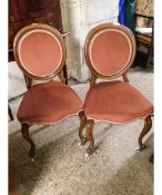 PAIR OF MAHOGANY BALLOON BACK BEDROOM CHAIRS WITH CORAL UPHOLSTERED SEAT AND BACK WITH CABRIOLE