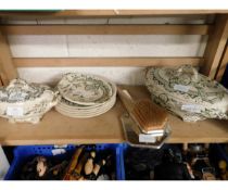 VICTORIAN GREEN PRINTED TUREENS, SIDE PLATES AND A THREE PIECE DRESSING TABLE SET