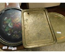 TWO ETCHED BRASS TRAYS TOGETHER WITH A PAINTED TOLEWARE TRAY (3)