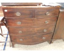 19TH CENTURY MAHOGANY BOW FRONTED TWO OVER THREE FULL WIDTH DRAWER CHEST ON SPLAYED BRACKET FEET
