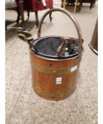 COPPER AND BRASS BUCKET WITH SWING HANDLE AND ASSORTED ANDIRONS