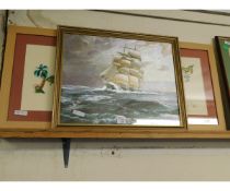 GILT FRAMED SHIPPING PRINT TOGETHER WITH A WATERCOLOUR OF HAWAII