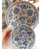 ORIENTAL BLUE AND WHITE PRINTED BOWL AND FURTHER SAUCER (2)