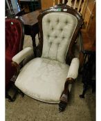 LATE VICTORIAN WALNUT GENT'S CHAIR UPHOLSTERED IN CREAM PATTERNED BUTTON BACK