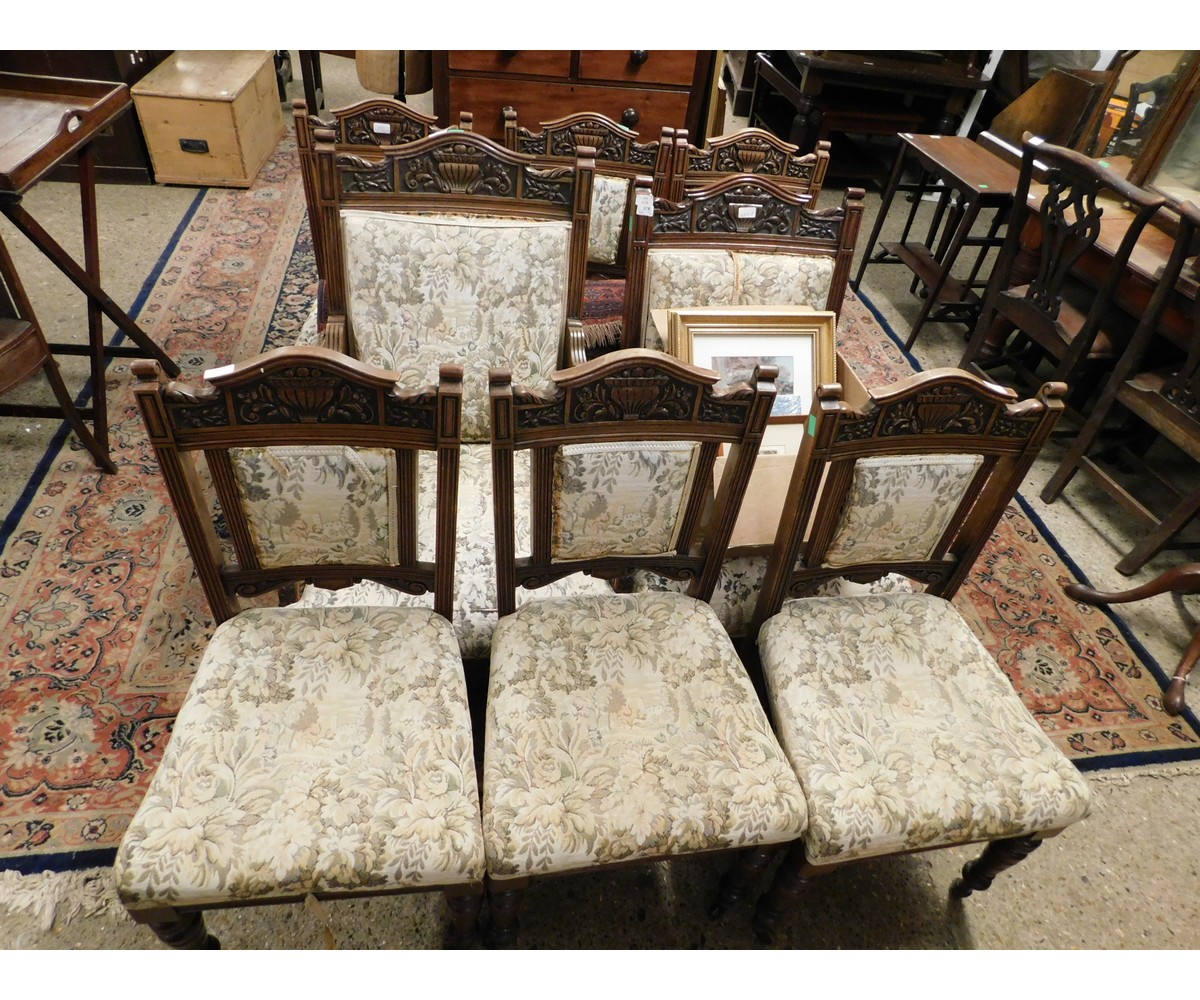 LATE VICTORIAN OAK PART CAMEO SUITE COMPRISING GENT'S AND LADIES CHAIRS AND SIX MATCHING DINING