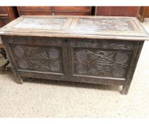 LATE 18TH/EARLY 19TH CENTURY OAK COFFER WITH CARVED PANEL TOP AND FRONT