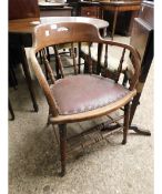 OAK FRAMED CAPTAIN'S TYPE CHAIR WITH SPINDLE BACK AND BROWN REXINE UPHOLSTERED SEAT AND TURNED LEGS