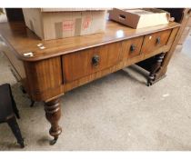 OAK FRAMED SPINET CONVERTED TO A SIDEBOARD FITTED WITH THREE DRAWERS WITH LION HEAD AND RINGLET