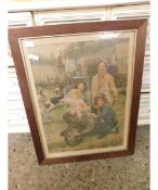 VICTORIAN OAK FRAMED COLOURED PRINT ENTITLED "JUST IN TIME"