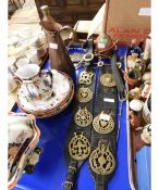 ASSORTED HORSE BRASSES ON STRAPS, COPPER JUG ETC