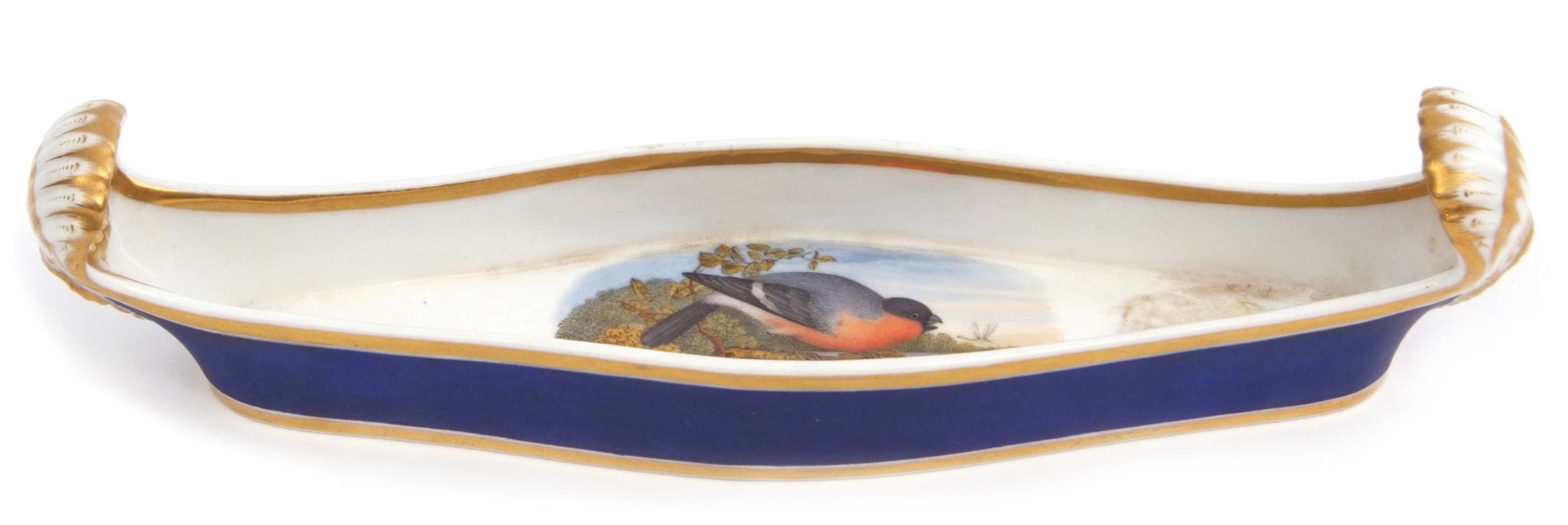 Chamberlains Worcester pen tray, the boat shape decorated with a bullfinch, factory mark and
