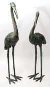 Pair of modern bronze patinated cast metal studies of cranes, 124cm high