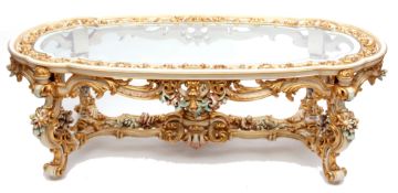 Good quality Louize Quinze style reproduction oval parcel gilded and painted coffee table with