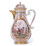 Bottger porcelain coffee pot circa 1725, the coffee pot decorated with two chinoiserie scenes