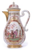 Bottger porcelain coffee pot circa 1725, the coffee pot decorated with two chinoiserie scenes