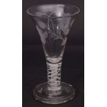 Early 20th century Jacobite style glass the bowl with engraved decoration of roses and the word '