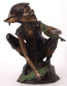 Modern patinated bronze cast metal study of an elf with a fish, 49cm high