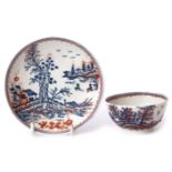 Lowestoft tea bowl and saucer, circa 1780, the blue and white tall trees print decorated with
