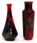 Pair of mid-20th century Royal Doulton flambe vases, the cylindrical body on one with a typical