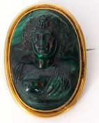 Victorian carved malachite cameo brooch/pendant, depicting a Bacchanite framed in a gilt metal
