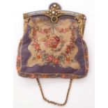 Early 20th century petitpoint evening bag with gilt metal and enamel mount and pearl type stones