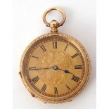 Last quarter of 19th century 18K gold cased fob watch, key wind, black Roman numerals to a plain