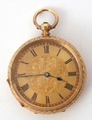 Last quarter of 19th century 18K gold cased fob watch, key wind, black Roman numerals to a plain