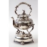 Victorian (re-plated) EPBM spirit kettle chased and embossed with floral and foliate design and with