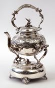 Victorian (re-plated) EPBM spirit kettle chased and embossed with floral and foliate design and with
