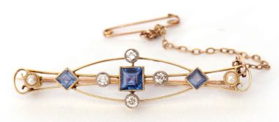 Art Deco sapphire, diamond and seed pearl brooch, the open work design features three square cut