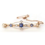 Art Deco sapphire, diamond and seed pearl brooch, the open work design features three square cut