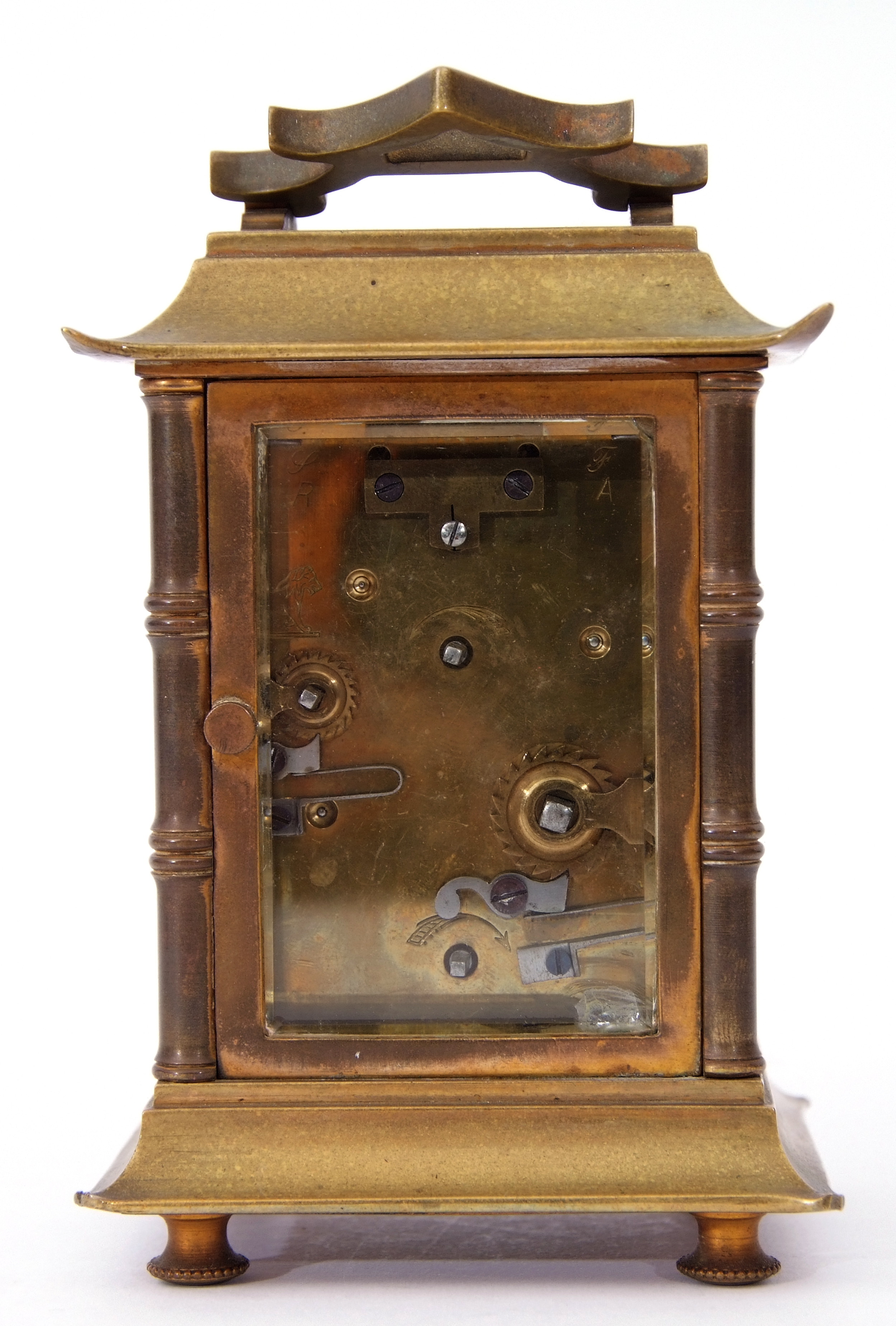 Third quarter of 19th century French brass carriage clock in Chinese pagoda style, blue Arabic - Image 3 of 5