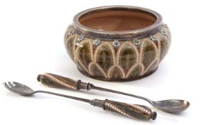 19th century stoneware salad bowl with silver plated rim and two matching silver plated servers, the