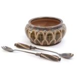 19th century stoneware salad bowl with silver plated rim and two matching silver plated servers, the