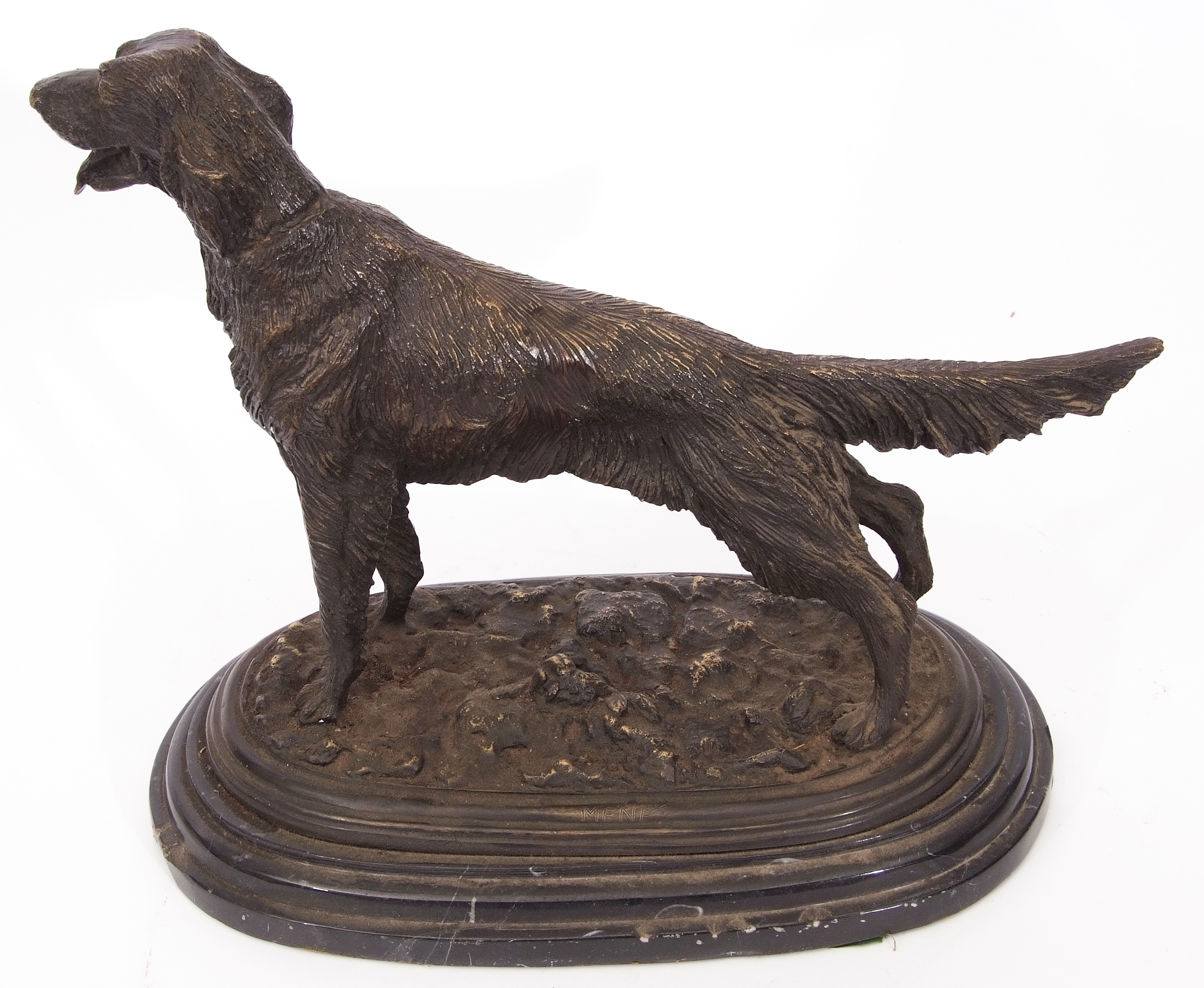 Bronze patinated cast metal study of a retriever dog in the manner of J P Mene on a black marble - Image 5 of 5