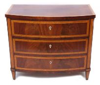 Mahogany and walnut cross banded bow fronted chest of three full width drawers on short tapering