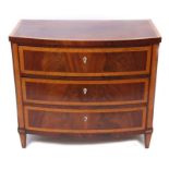 Mahogany and walnut cross banded bow fronted chest of three full width drawers on short tapering