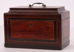 Late 18th/early 19th century mahogany tea caddy with ogee top, boxwood stringing and cross