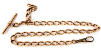 Early 20th century hallmarked 9ct gold curb link watch chain with T bar and metal snap, 37cm long