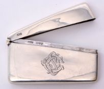 Edwardian card case of curved rectangular design with hinged lid, bearing monogram to the front, the